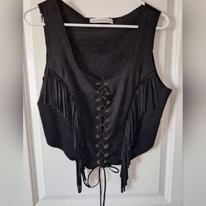 Faux Suede Fringe Lace Up Vest